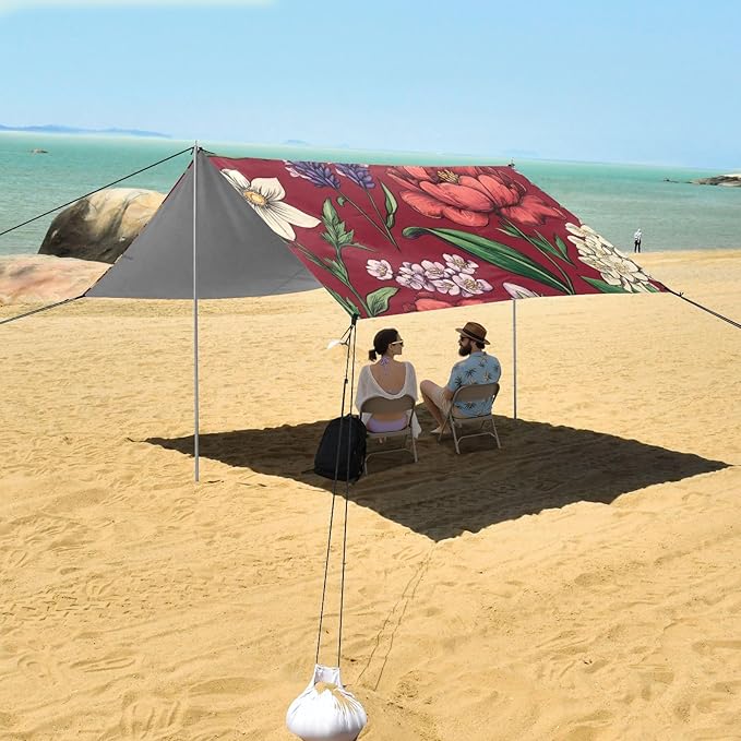 Spring Flower on Red Beach Tent &amp Canopy UPF50 Lightweight Portable Sun Shelter Includes Sand Shovel Sandbags Stability Poles for Camping Fishing Backyard Fun