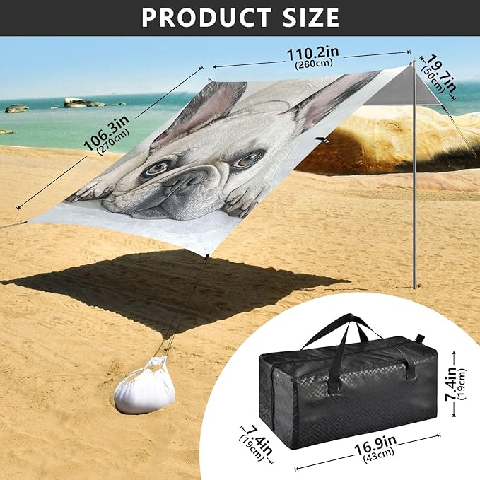 ALAZA French Bulldog Lie Prone and Happy and Comfortably Beach Tent Sun Shelter Portable Canopy Sunshade for Outdoor Camping Picnics Backyard Fun 10x9 ft