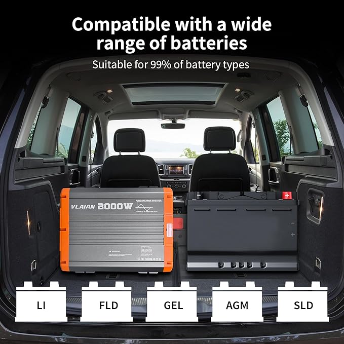 2000W Pure Sine Wave Inverter12V DC to 110V AC Power Inverter for Vehicles RVTruckCarSolar Off-Grid Converter with 2 AC Outlet27W Type-C5V 3A USB-AHardwire Port16ft Remote Controller