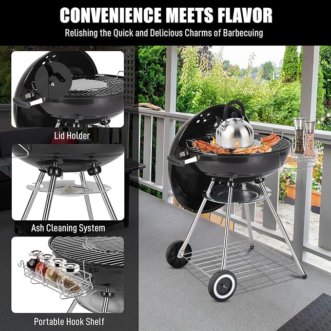 Outvita Charcoal Grill 22 inch Stainless Steel BBQ Charcoal with Wheels and Storage Holder for Camping Picnic Barbecue Party Outdoor