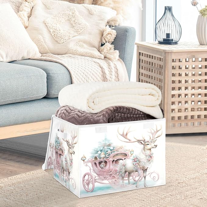 senya Christmas Baskets Collapsible Storage Bins with Lids Pink Christmas Elk Storage Boxes Clothes Baskets for Organizing