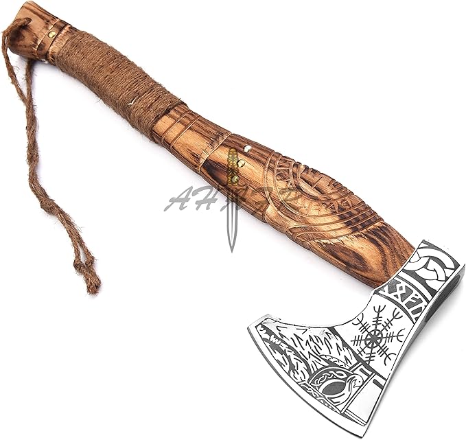 Hand-Forged Viking Axe – Authentic Norse Battle Axe with Custom Engraved Carbon Steel Blade &amp Carved Wooden Handle – Perfect for Throwing Camping Hunting &amp Gifts AH-001-AX