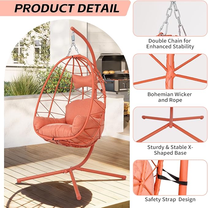 Hanging Egg Chair with Stand Outdoor Indoor Patio Rattan Swing Hammock Chairs with Washable Cushion PE Wicker Swing Chair for Backyard Bedroom Garden (Orange Red + Orange Red Cushion No Footrest)
