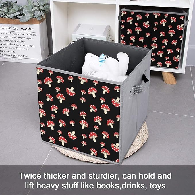 Collapsible Storage Bins with Handles Black Red Mushroom Lovers Foldable Cube Organizer Box for Closet Shelf Toy Storage Space-Saving Home &amp Office Decor