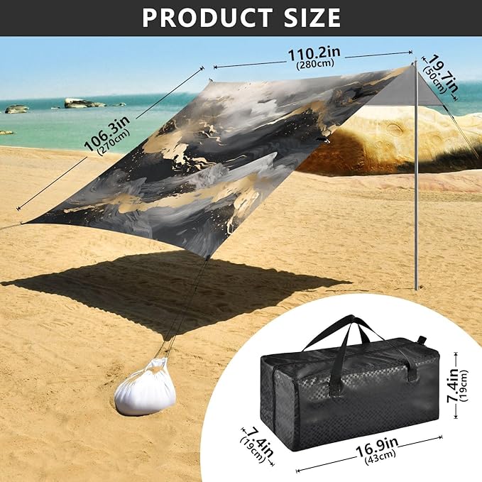 ALAZA Black &amp Gold Marble Mountain Beach Tent Sun Shelter UPF50+ Protection Beach Shade Canopy w/ 4 Sandbags for Outdoor Camping Fishing Backyard Fun Picnic 10x9 ft