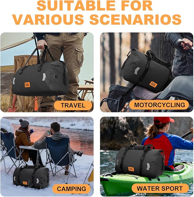 OCKLILY Waterproof Dry Bag 50L Roll-top Motorcycle Tail Bag with Air Valve &amp Quick-fixed Straps Travel Duffle Bags for Kayaking Paddle Boarding Rafting Boating Camping Riding Fishing - Black