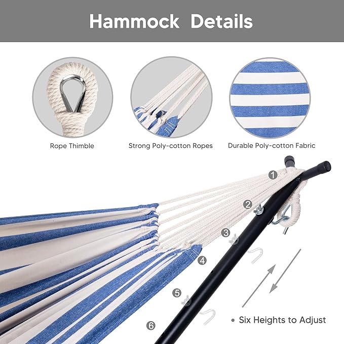 SUNCREAT 2-in-1 Convertible Free Standing Hammock with Stand Included Camping Backyard Hammock with Stand Patented Blue &amp White Stripe