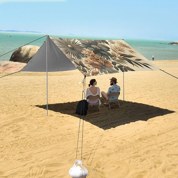 Vintage Botanical Retro Flowers Beach Tent Sun Shelter Set UPF50+ UV Protection 10.5 x 9.19 FT Camping Shade Canopy with Sandbags Sand Anchors Carrying Bag and Others