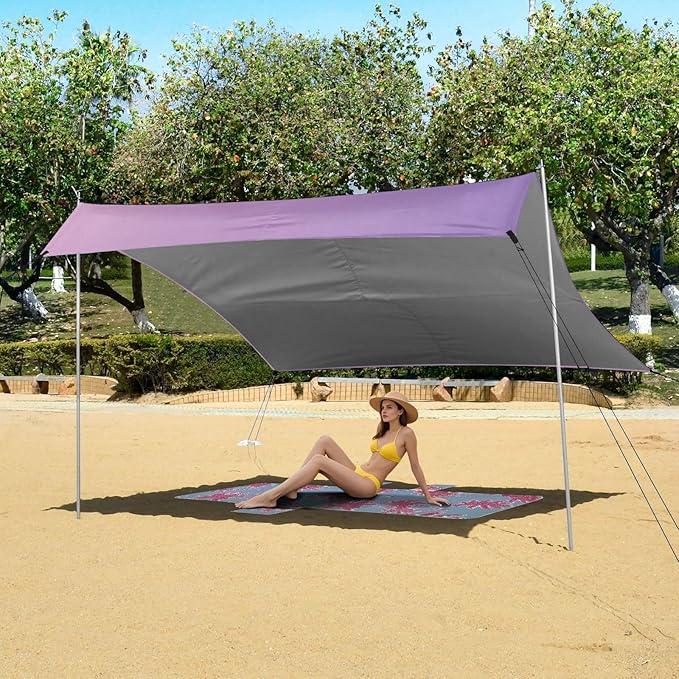 Purple Gradient Stable Beach Tent UPF50+ Lightweight Sun Shelter with Sandbags and Shovel for Camping Trips Fishing Backyard Fun or Picnics