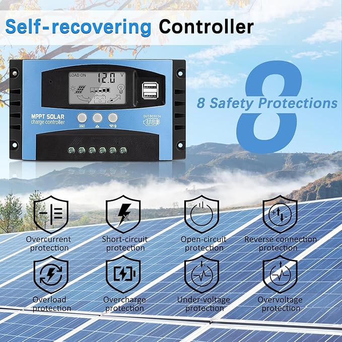 100A MPPT Solar Charger Controller 12V/24V Auto Intelligent Regulator with LCD Display/Dual USB Port/Adjustable Parameter/3 Load Modes Fit for Lead-Acid Lithium-Ion and Lithium Iron Phosphate Battery