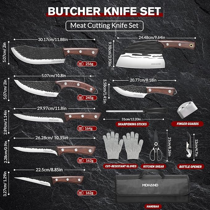 MDHAND Butcher Knife Set 18PCS Hand Forged Viking Kitchen Serbian Chef Knife with Roll Bag Heavy Duty Meat Cleaver &amp Brisket Knives for BBQ Outdoor Camping Meat Cutting Tools Gifts for Men Wo