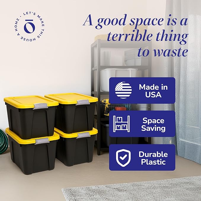 Homz 22-Gallon Durabilt Plastic Stackable Home Office Garage Storage Organization Container Bin w/Latching Lid and Handles Black/Yellow (4 Pack)