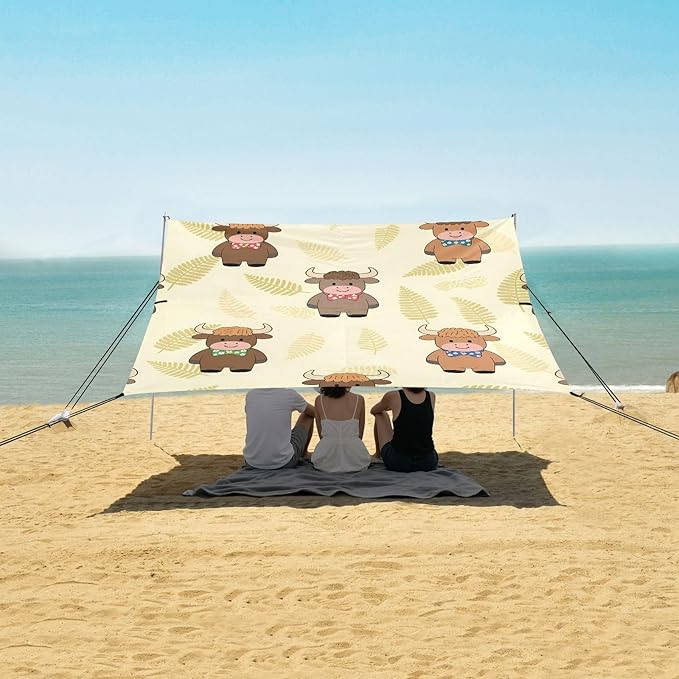 ALAZA Cartoon Highland Cattle Pattern Beach Tent Sun Shelter Portable Canopy Sunshade for Outdoor Camping Picnics Backyard Fun 10x9 ft