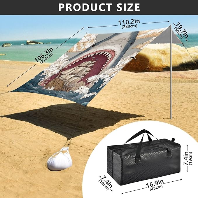 ALAZA Shark Wave Sailboat Beach Tent Sun Shelter Portable Canopy Sunshade for Outdoor Camping Picnics Backyard Fun 10x9 ft