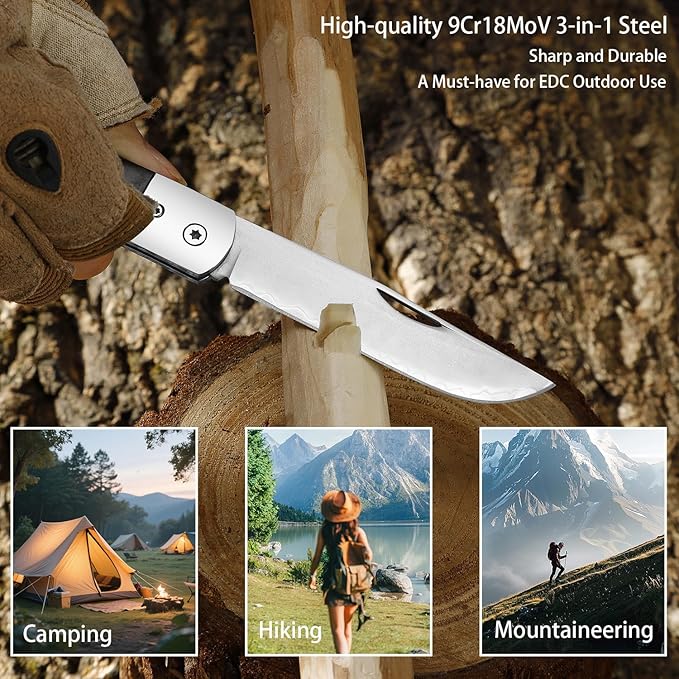 Pocket Knife Folding Knife Blade 3.3 inch 9Cr18MoV Stainless Steel Comfortable Wooden Handle Everyday Carry Knives for Camping Hiking