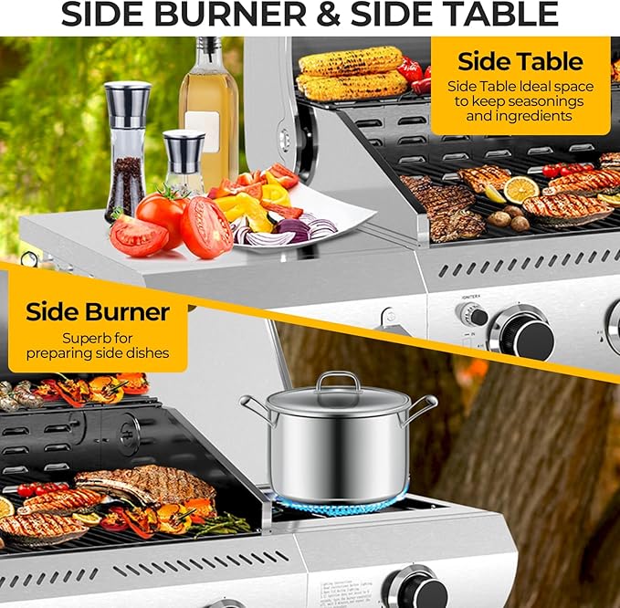 Electactic 3-Burner Propane Gas Grill with Side Burner – 34000 BTU Stainless Steel Outdoor BBQ Grill Cast Iron Grates Portable with Wheels for Patio Camping