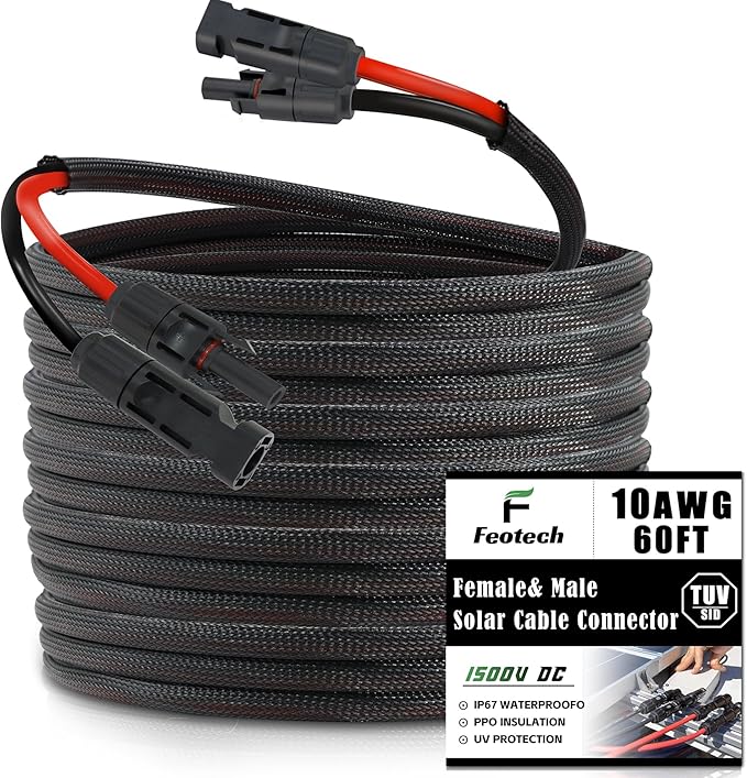 Twin Wire 60FT Solar Extension Cable - 10AWG (6mm²) Solar Panel Connector with 6 Pairs-IP67-Male/Female Solar connectors for Outdoor Automotive RV Boat Marine Solar Panel- Black &amp Red