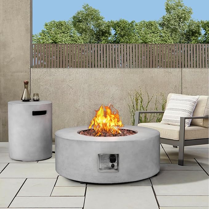 36inch Round Concrete Fire Pit Table with Propane Tank Cover 50000 BTU Outdoor Fire Table Modern Firepit Natural Gas Firepits with Steel Lid Rain Cover for Backyard Deck