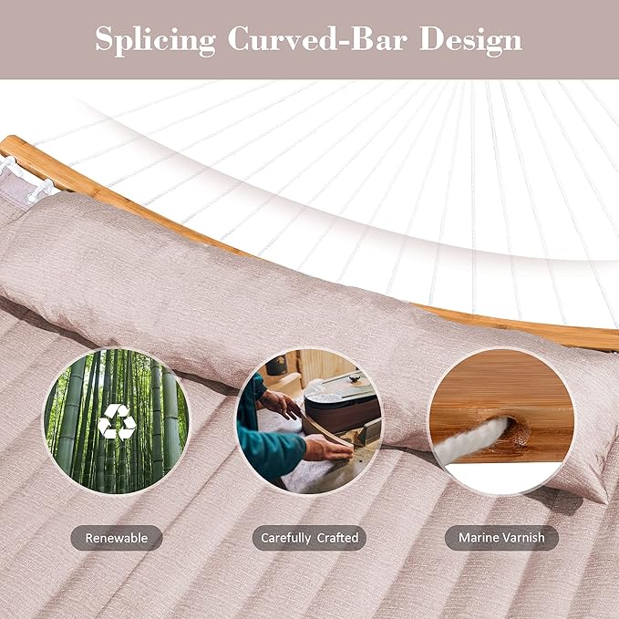 SUNCREAT Hammocks Patio Hammock with Stand 2 Person Heavy Duty Curved Hammock with 13.5 ft Wooden Stand Tan