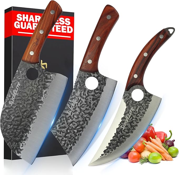 SliceElite Heritage Forge 3 Piece Butcher Knife Set Serbian Chef Meat Cleaver Viking Knife High Carbon Stainless Steel Full Tang Sandalwood Handle BBQ Grilling Camping Cooking Gift Set For Men &amp W