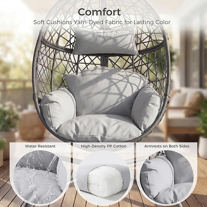 RADIATA Hanging Egg Chair with Stand Outdoor Egg Swing Chair with Cozy Cushion 350lbs Rattan Bird Nest Eggshell Basket Seat Patio Swinging Chair for Indoor Balcony Porch Grey