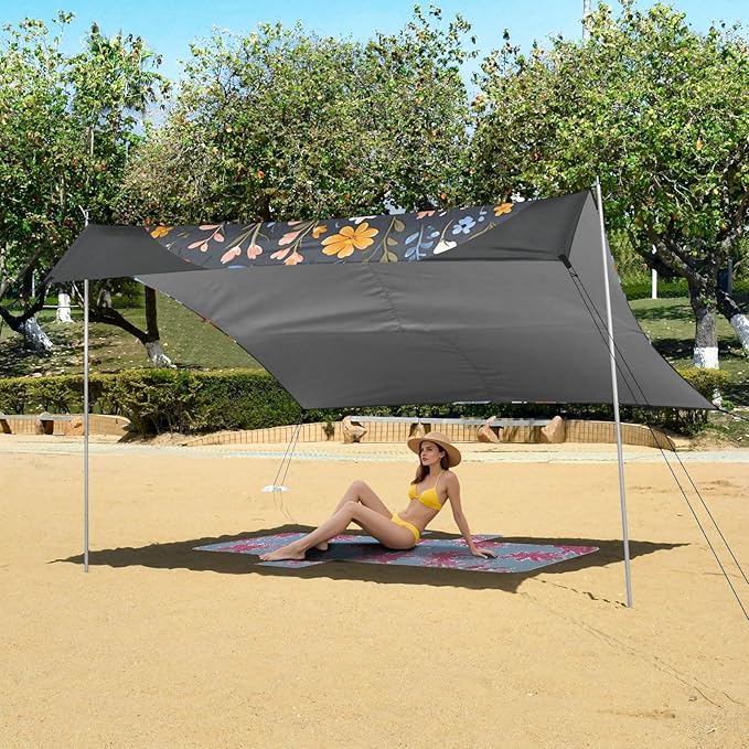 Spring Flowers Carnation Osteospermum Flower Foldable Beach Tent UPF50+ Protection Easy Setup Sun Shelter with Sandbags and Shovel for Family Trips Picnics &amp Camping