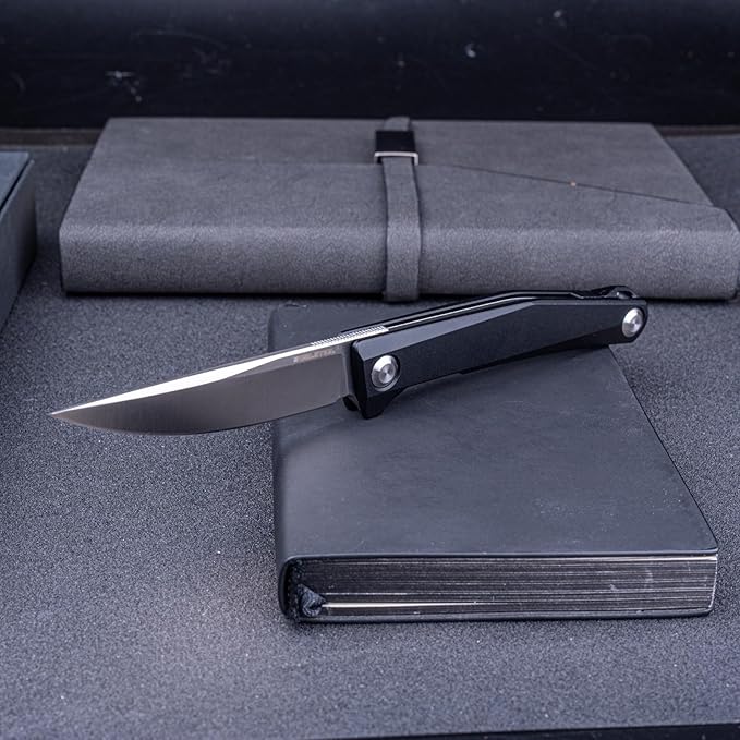 Real Steel Teres Lightweight EDC Flipper knife  3.11'' Nitro-V ‎Satin Hollow-Ground BladeAluminum HandleLiner Lock Knife Gentleman's Knife with Pocket ClipHunting Camping Hiking Fishing Knife