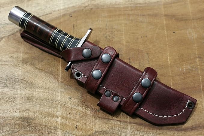 GCS Custom Handmade Stacked Leather Handle D2 Tool Steel Blade Full Tang Bowie Knive with Leather Sheath for Hunting Bushcrafting Camping Survival and EDC-GDK-024