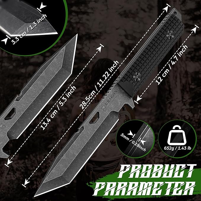 Dragon Creek Tactical Knife Kydex - Outdoor Survival Knife with Sheath D2 Steel Blade G10 Full Tang Handle for Camping Hiking Christmas Thanksgiving Gift Men Black