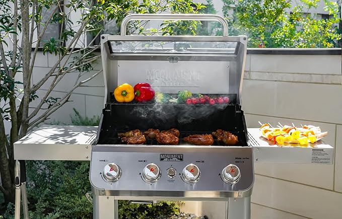 Monument Grills 4-Burner Liquid Propane Gas Grill Silver Stainless Steel Grill Outdoor Patio Garden Barbecue Grill with Clearview® Lid and One Foldable Shelf Mesa400MF