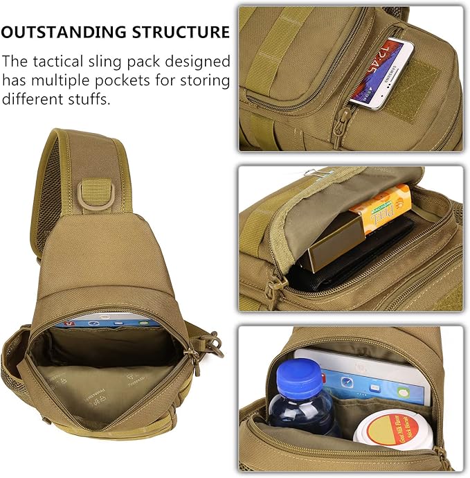 Protector Plus Tactical Sling Bag Military MOLLE Crossbody Pack Chest Shoulder Backpack with Water Bottle Holder Pouch EDC Diaper Motorcycle Bicycle Daypack (Patch Included)Brown
