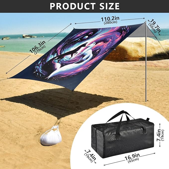 ALAZA Fox Yingyang Nebula Beach Tent Sun Shelter UPF50+ Protection Beach Shade Canopy w/ 4 Sandbags for Outdoor Camping Fishing Backyard Fun Picnic 10x9 ft