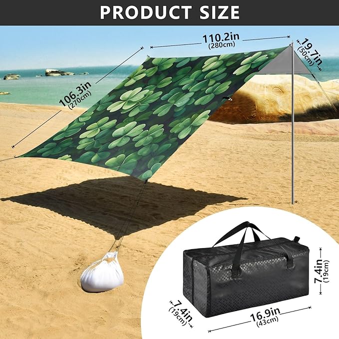 St Patrick's Day Clovers Beach Tent Sun Shelter Set UPF50+ UV Protection 10.5 x 9.19 FT Camping Shade Canopy with Sandbags Sand Anchors Carrying Bag and Others