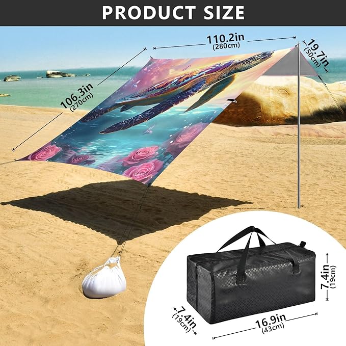 ALAZA Sea Turtle Butterflies Roses Beach Tent Sun Shelter UPF50+ Protection Beach Shade Canopy w/ 4 Sandbags for Outdoor Camping Fishing Backyard Fun Picnic 10x9 ft