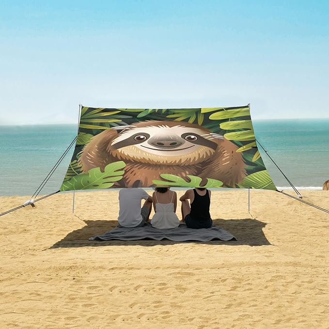 ALAZA Sloth and Tropocal Palm Leaves Beach Tent Sun Shelter Portable Canopy Sunshade for Outdoor Camping Picnics Backyard Fun 10x9 ft