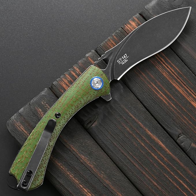 Sitivien ST147 Folding Pocket KnifeBlack Stonewashed 14C28N Steel Blade with Micarta Handle Utility Knife EDC Tool Knife for Outdoor CampingHikingHunting(Green)