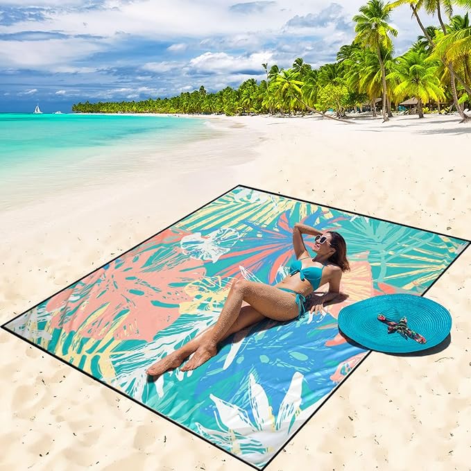 Beach Blanket Waterproof Sandproof Beach Mat 79 X 83/10'x9'for 2-8 Adults Quick Drying Outdoor Picnic Mat Beach Accessories for Travel Camping Hiking
