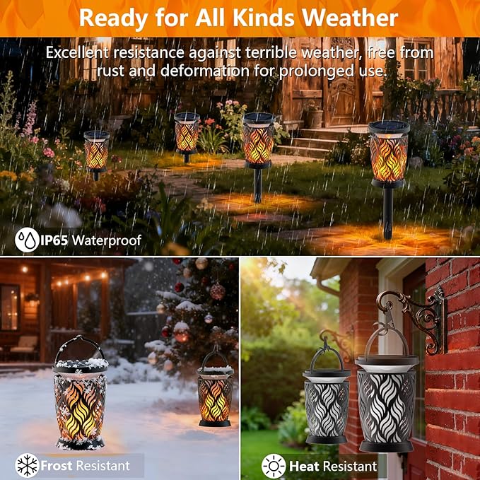 Solar Lanterns Outdoor Waterproof 2 Pack Flickering Solar Flame Lights Upgraded Hanging Flame Lantern Pathway Torch Light Table Lamp Auto On/ Off Porch Yard Gifts (1 Lighting Mode)