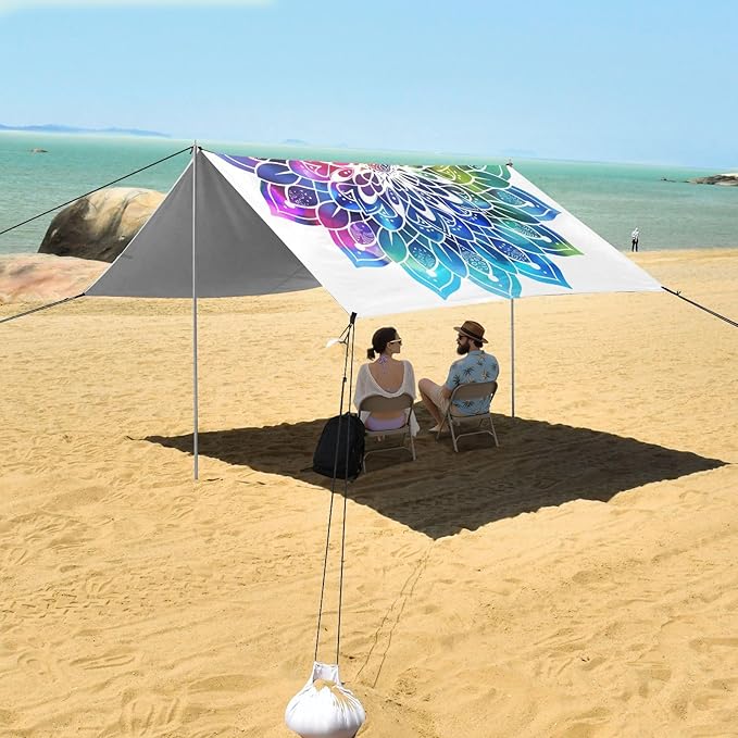 ALAZA Gradient Mandala Rainbow Beach Tent Sun Shelter UPF50+ Protection Beach Shade Canopy w/ 4 Sandbags for Outdoor Camping Fishing Backyard Fun Picnic 10x9 ft