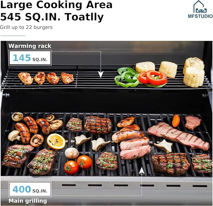 MFSTUDIO 4-Burner Propane Gas Grill Stainless Steel BBQ Grill with Side Burner and Porcelain-Enameled Cast Iron Grates High Heat Output Gas BBQ Grills for Barbeque and Outdoor Cooking
