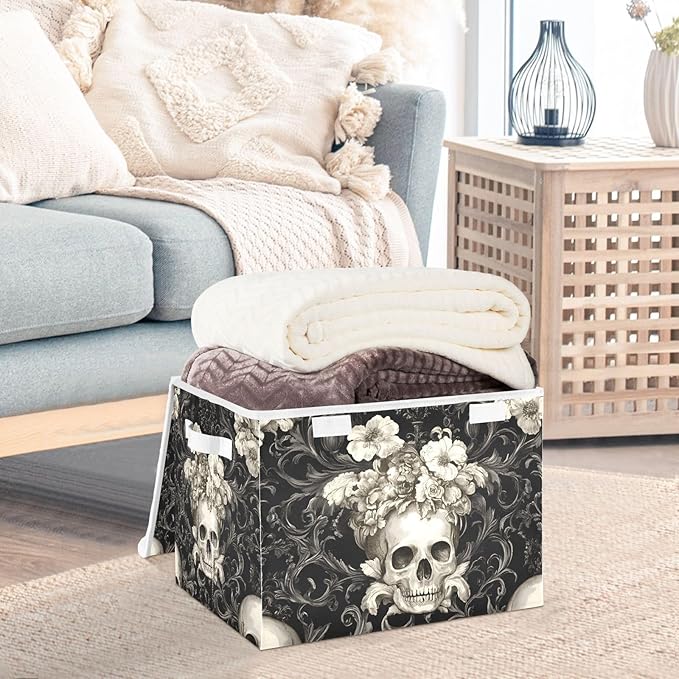 Storage Cube with Lid Retro Style Skulls Print 16.5×12.6×11.8 IN Collapsible Large Capacity Foldable Storage Basket Bin Organizer