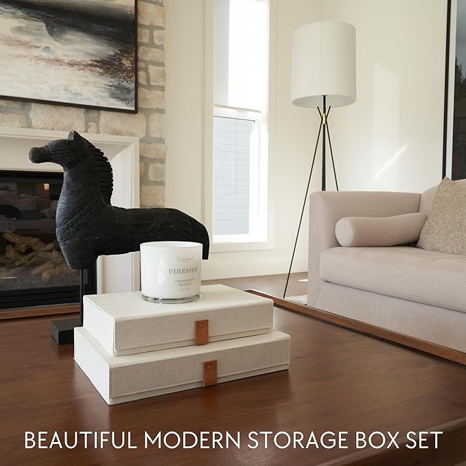 Decorative Photo Storage Boxes with Lids - Set of 2 Beautiful Linen Organizers Are Perfect to Safely Store Your Pictures Documents Scrapbooking Supplies Keepsakes and Other Memories in Style