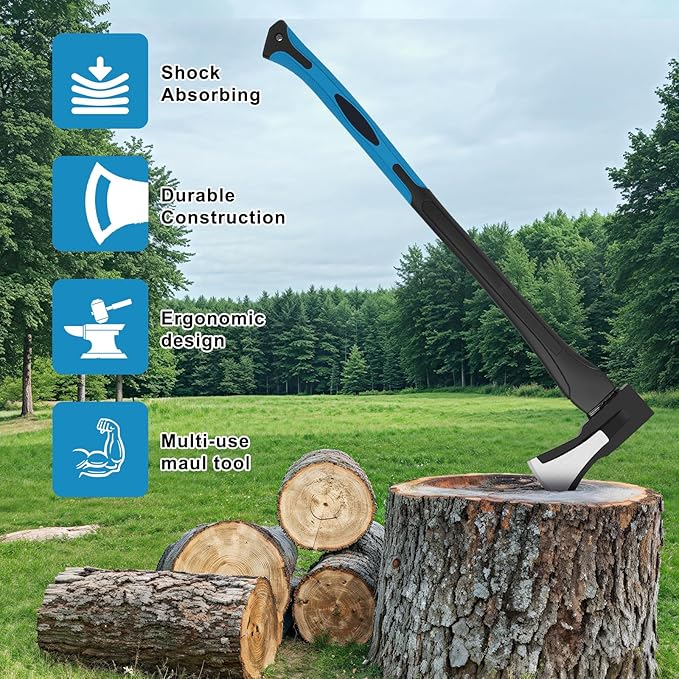 DESHIL 28-Inch Splitting Maul Axe - Heavy Duty Splitting Axe with Forged Steel Head and Shock-Absorbent Fiberglass Handle for Efficient Wood Splitting and Firewood Preparation
