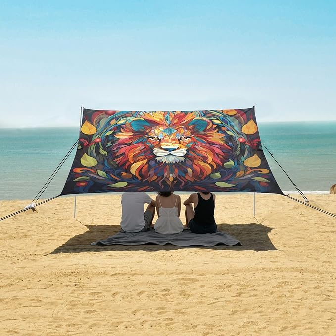 ALAZA Lion Mosaic Beach Tent Sun Shelter UPF50+ Protection Beach Shade Canopy w/ 4 Sandbags for Outdoor Camping Fishing Backyard Fun Picnic 10x9 ft
