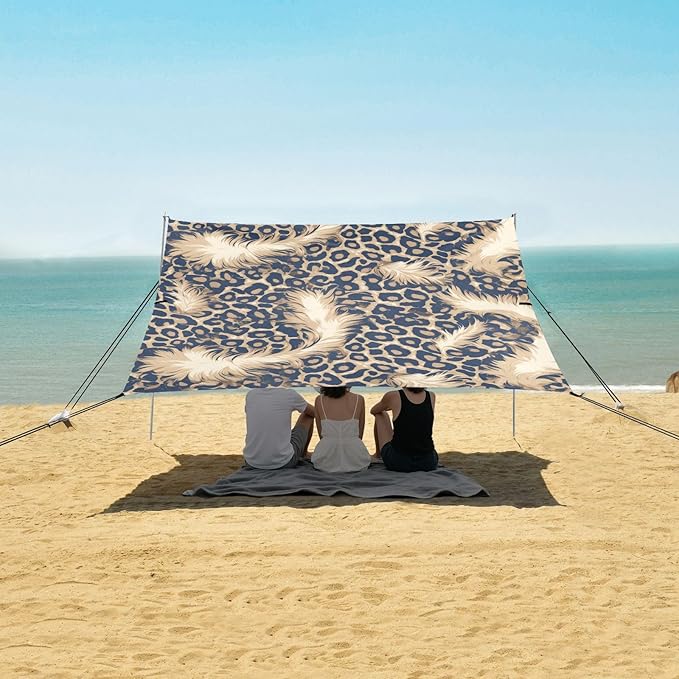 Leopard Skin Print Style Lightskyblue Beach Tent UPF50+ Protection Waterproof Large Portable Sun Shelter with Sand Shovel Sandbags for Camping Picnics Backyard &amp Fishing