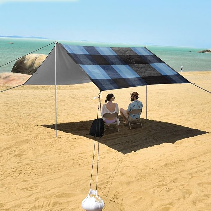 Darkslatebuffalo Turquoise Plaid Check Tartan Scotland Beach Canopy UPF50+ Easy Setup Large Portable Sun Shelter with Sand Shovel for Camping Picnics Backyard