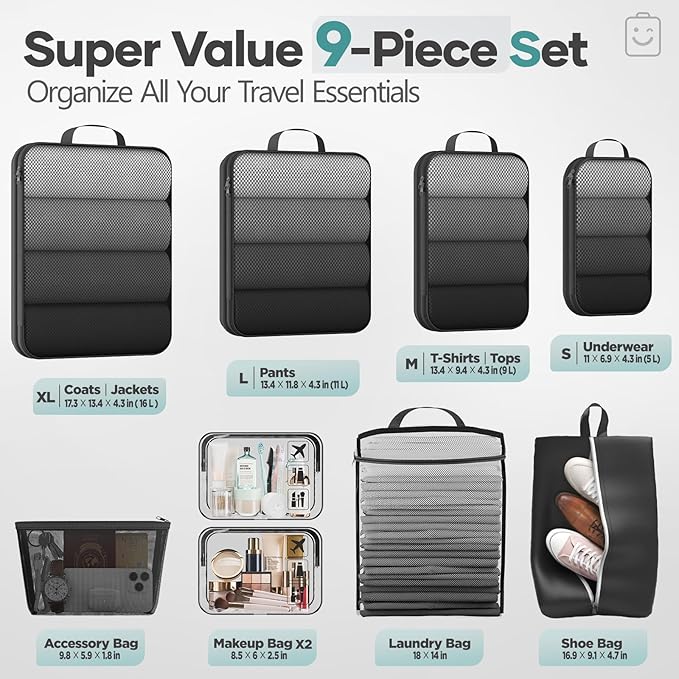 Veken 9/11 Set Compression Packing Cubes for Travel EssentialsCompressible Expandable Large Luggage Suitcase Organizer Bags for ClothingDurable Space Saver Storage Bags with Toiletry Bags(Black)