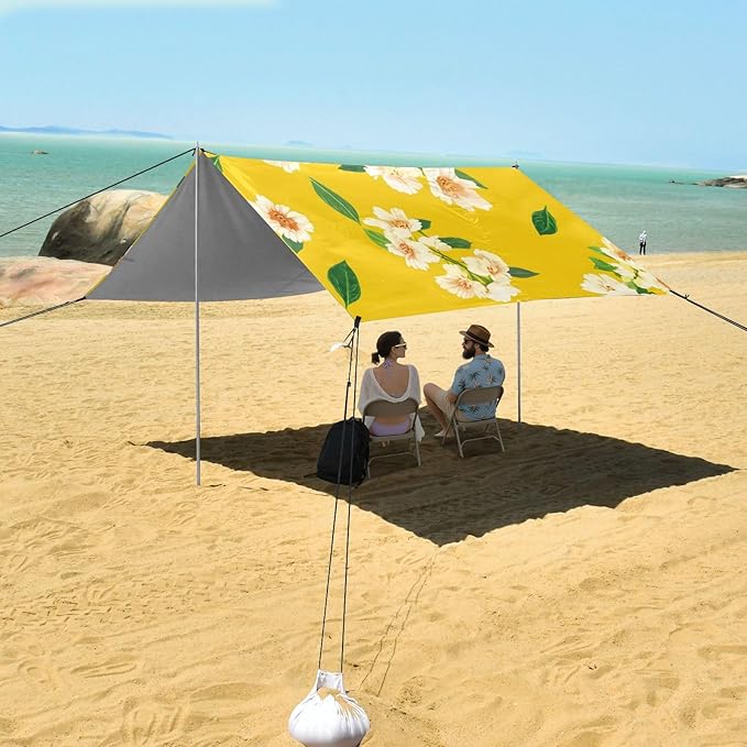 Beach Canopy with Windproof Ropes &amp Sandbags Beach Tent Sun Shade Sun Shelter for Camping Trips Fishing Backyard Fun or Picnics Flowers