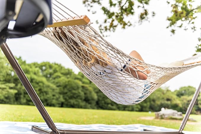 Lazy Daze Hammocks 12FT Double Rope Hammocks 2 Person Hand Woven Cotton Hammock with Spreader Bar for Outside Patio Poolside FIT 13-15 FT Stand Max 450 Lbs Natural 141 x 57 inches
