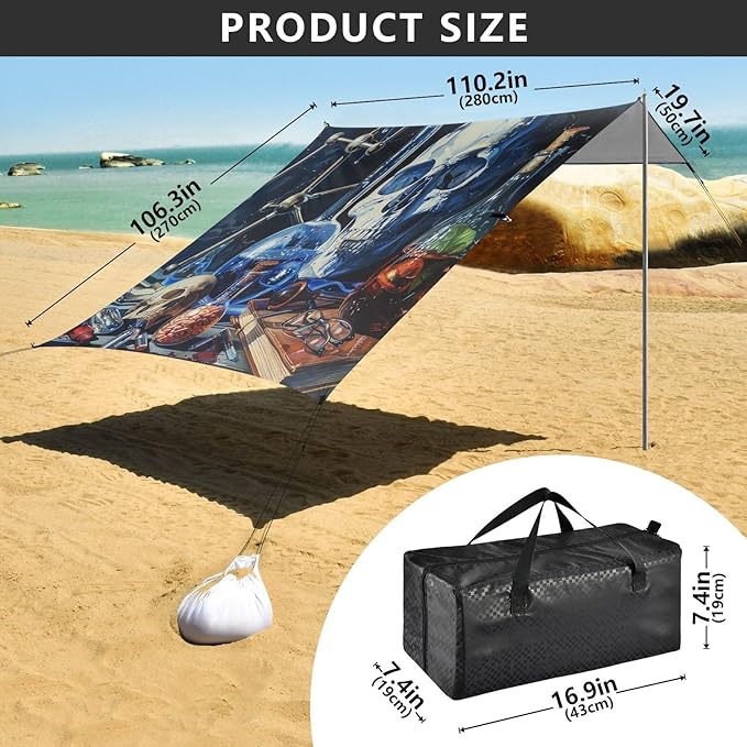 ALAZA Science Skull Beach Tent Sun Shelter UPF50+ Protection Beach Shade Canopy w/ 4 Sandbags for Outdoor Camping Fishing Backyard Fun Picnic 10x9 ft
